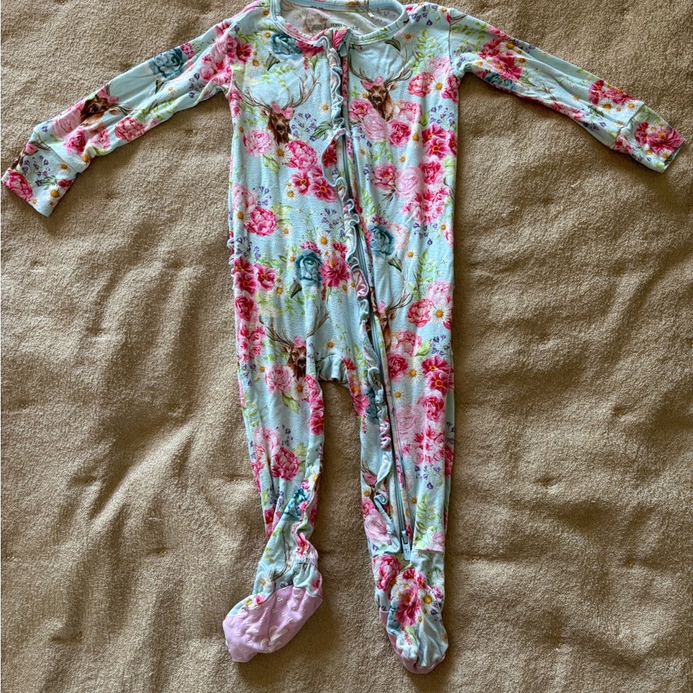 Posh Peanut Floral Deer Footed One-Piece - Light Blue & Pink